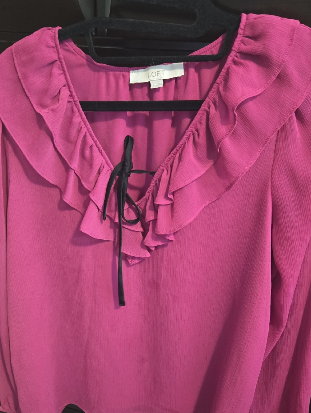 LOFT Magenta Ruffle V-Neck Blouse with Tie